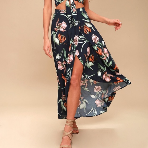 Lulus | Magdalena Navy Blue Floral Print Wrap High-Waist Maxi Skirt | Size S - Picture 1 of 13